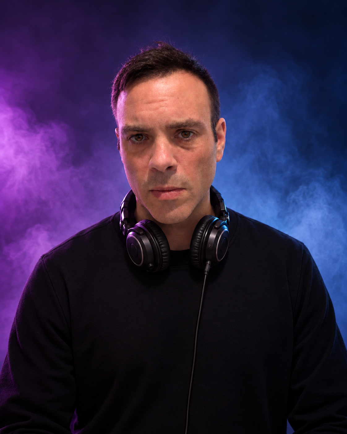 DJ Fame in a purple and blue studio portrait wearing headphones