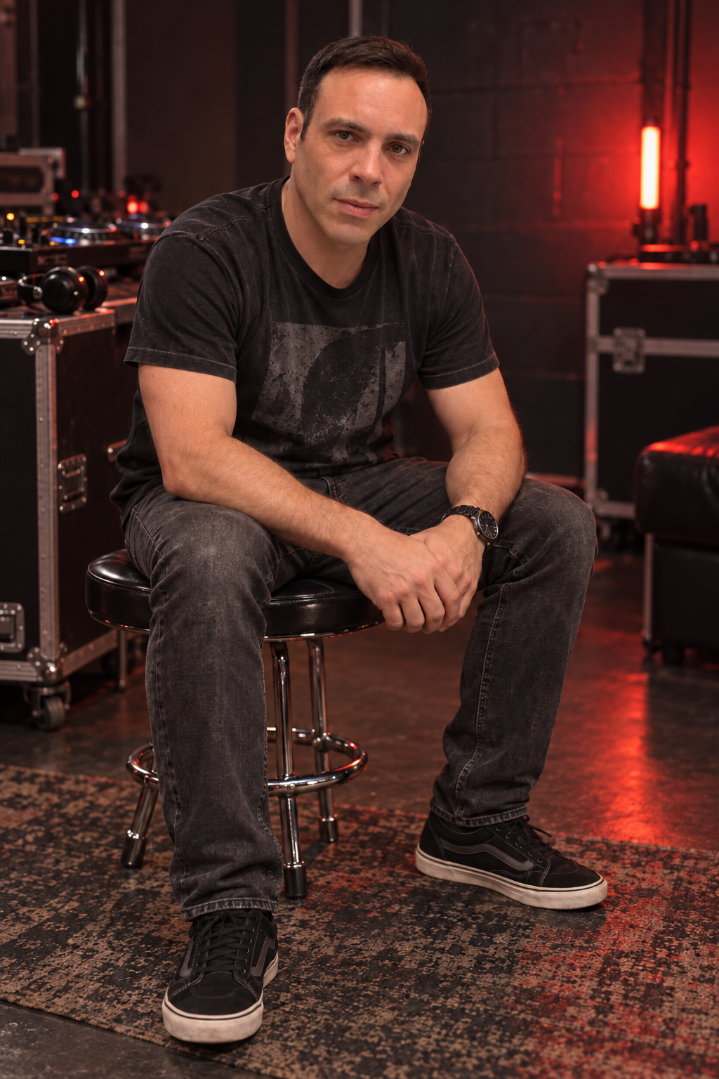DJ Fame seated in a red-lit backstage studio with DJ equipment